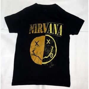 Nirvana‎ Men's Smiley Face Grunge Band Graphic Rock Black Tee T-Shirt Size Small